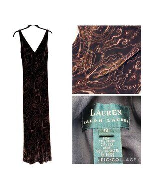 Lauren Ralph Lauren Vtg Velvet Burnout Silk Burnout Maxi Gown Dress Sz 12 Browns